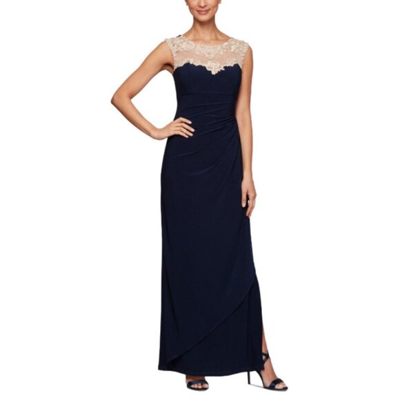 Alex Evenings Formal Long Dress Navy Blue Gold Lace Bead Neck Wedding Cruise NEW - Picture 1 of 13